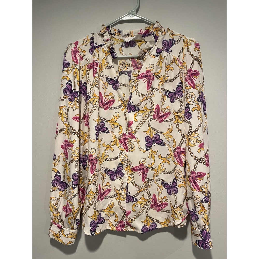 Womens Butterfly Blouse Size Medium Dressy Bottom Down Long Sleeve Shirt Flowy